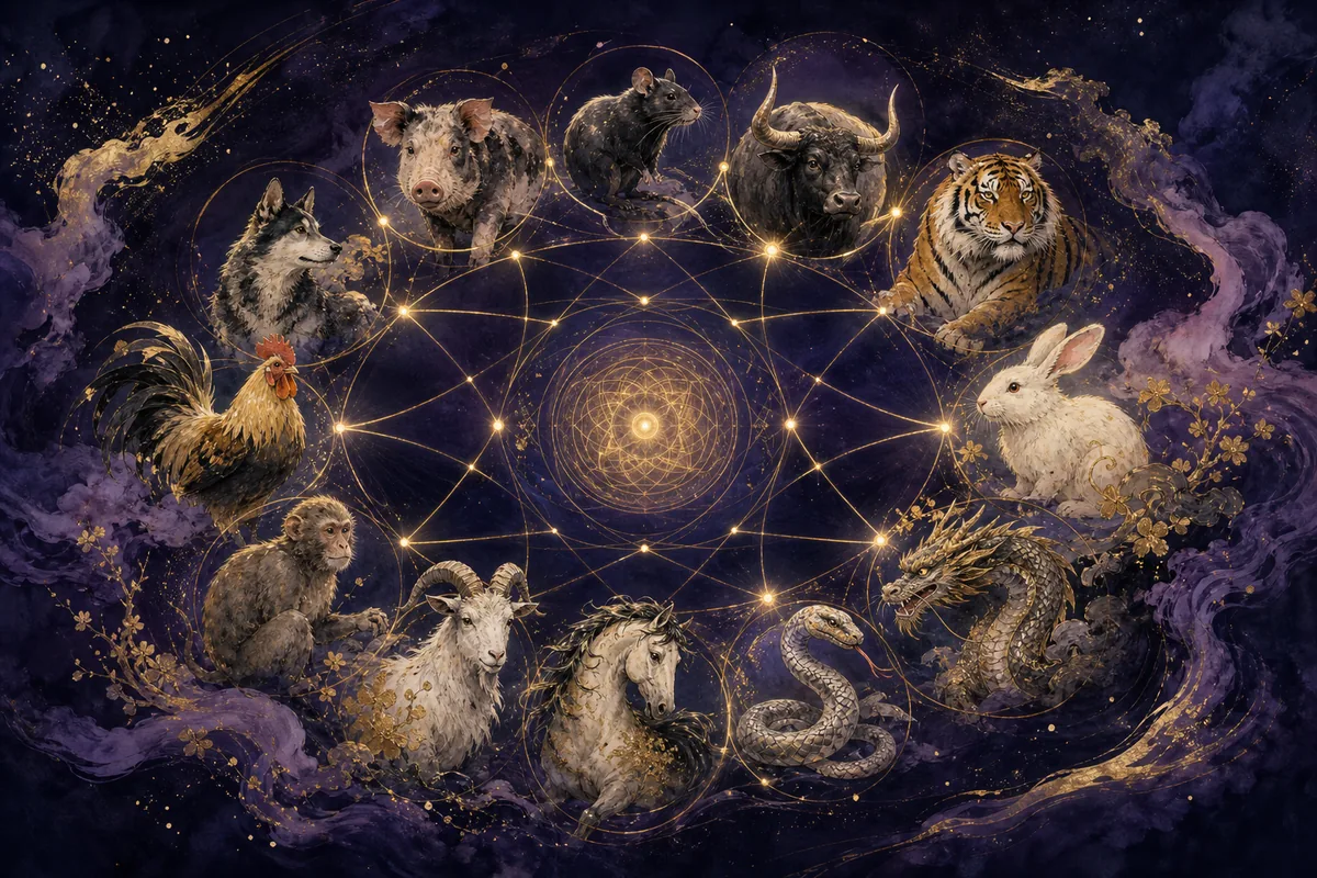 Chinese zodiac compatibility mandala — twelve animals connected by golden energy lines