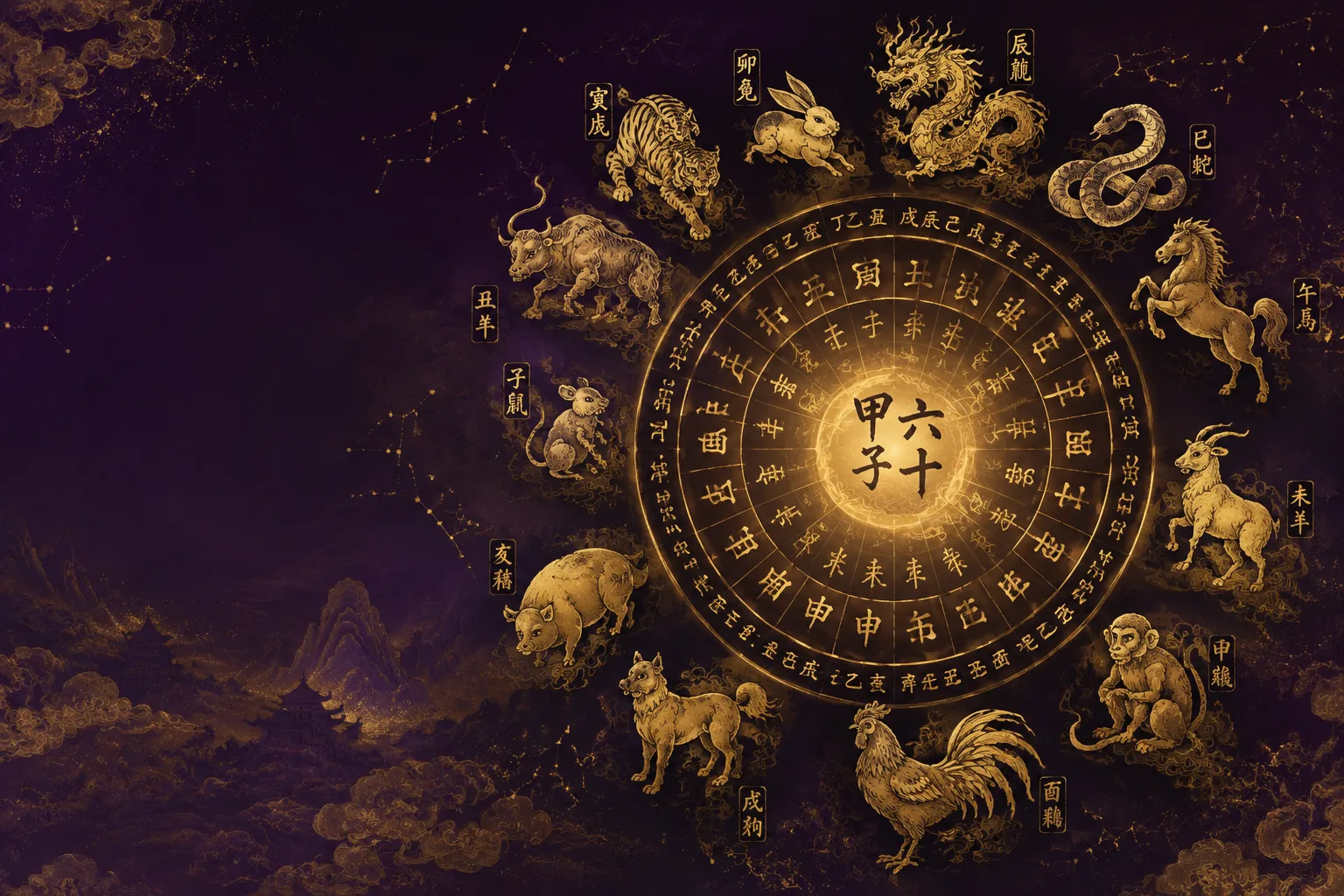 The twelve Chinese zodiac animals arranged around a golden celestial sexagenary cycle wheel on a dark purple cosmic background