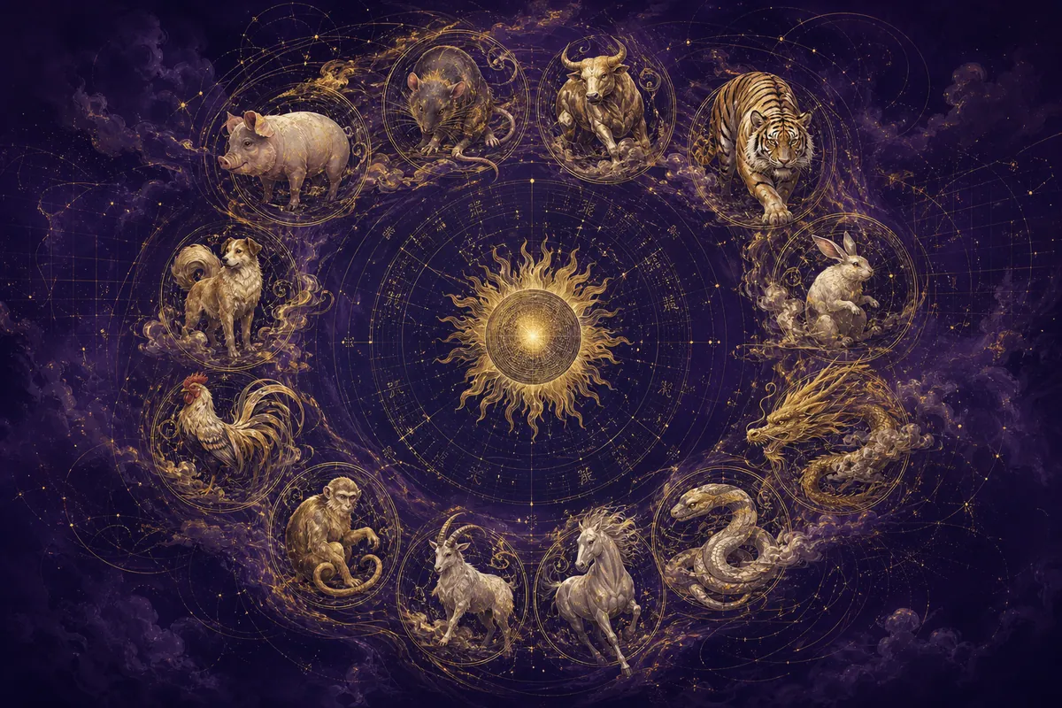 Chinese zodiac 60-year cycle wheel with twelve animals in circular formation