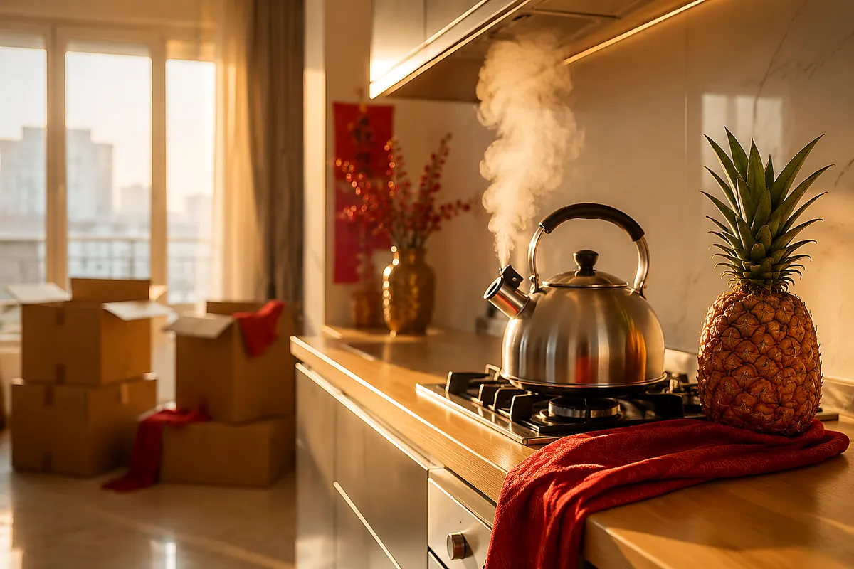 Boiling kettle and pineapple in a sunlit new home, the Chinese housewarming ritual for auspicious moving dates