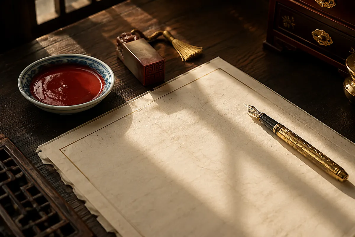 Gold fountain pen with cinnabar seal paste on rice paper for auspicious contract signing dates