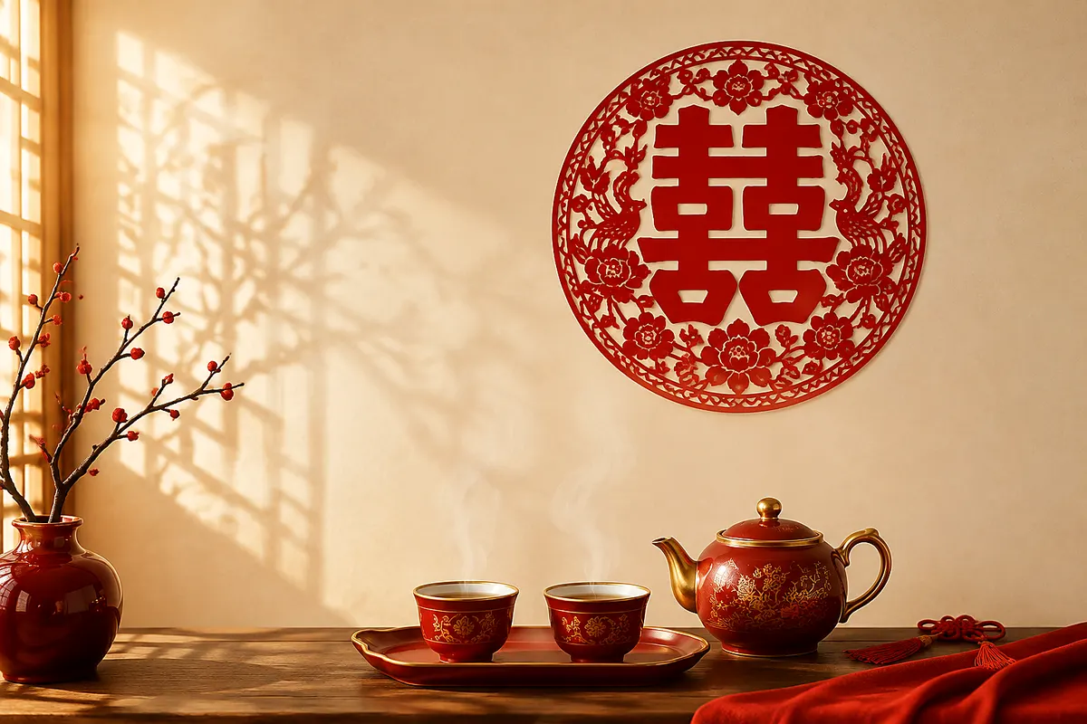 Red double-happiness paper cutting with gold-rimmed tea set for auspicious Chinese wedding dates